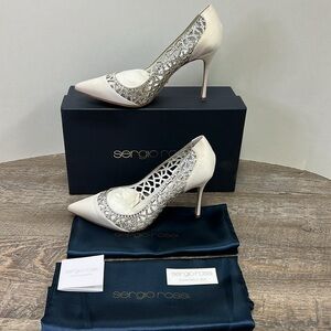 NEW Sergio Rossi Satin Crystal Embellished Laser Cut Pumps EU 38 / US 7.5-8